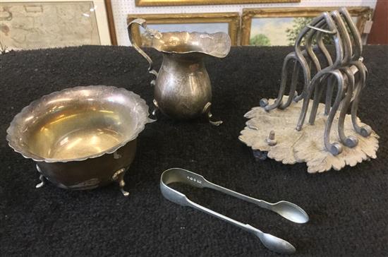 Silver cream jug, bowl other items